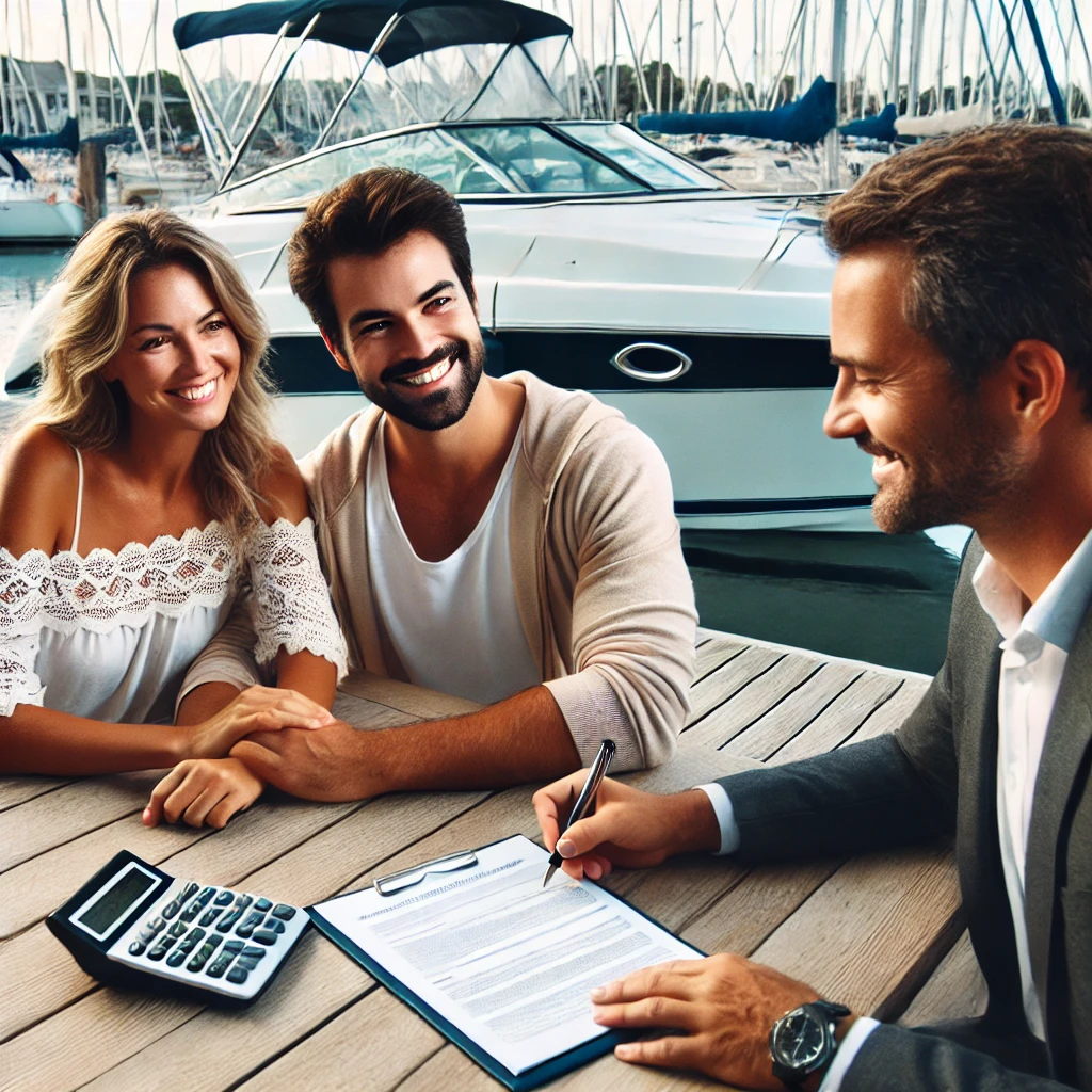 A couple sitting with a loan officer getting a loan for a boat.