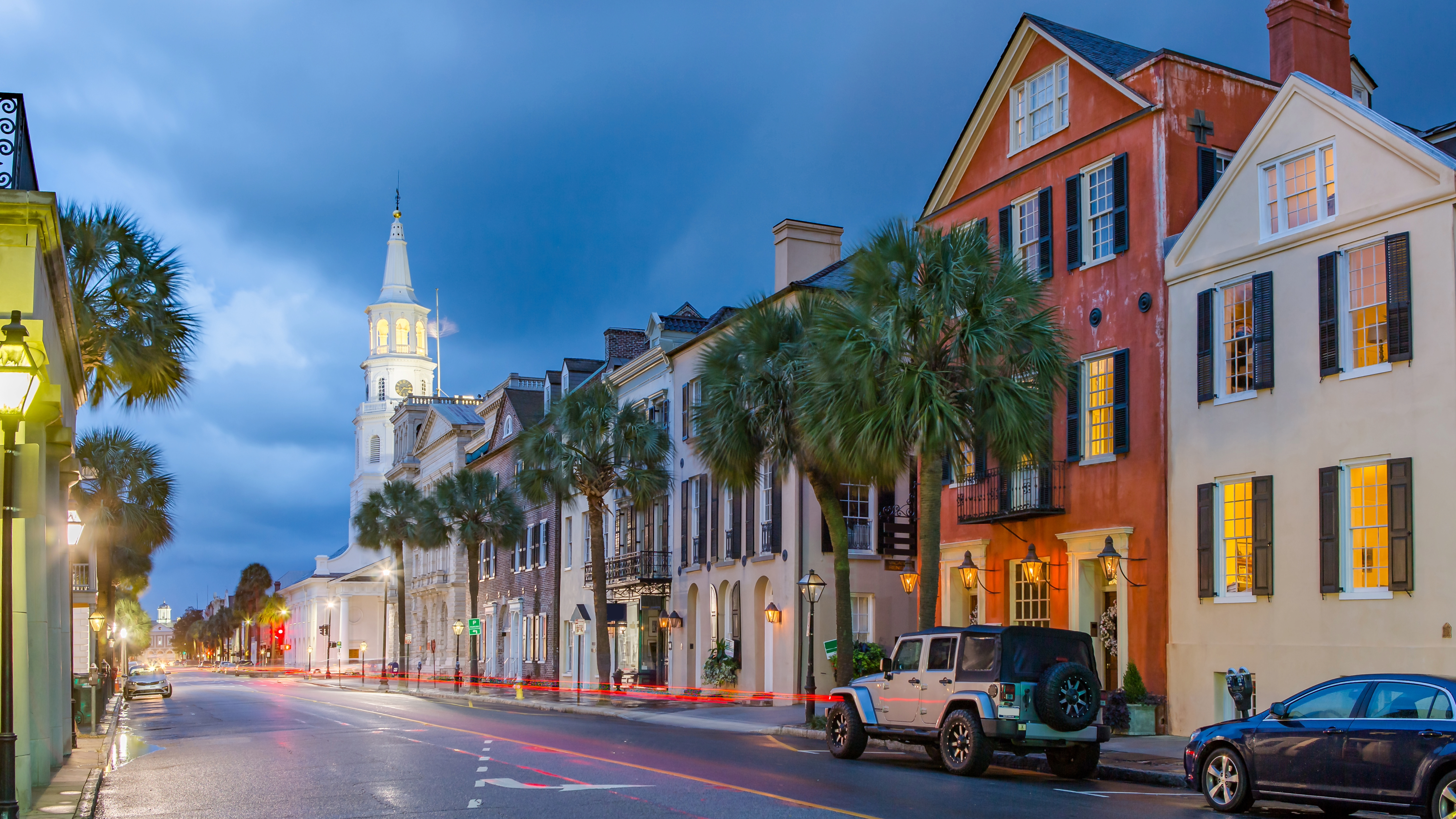 Nighttime image of historic downtown Charleston.