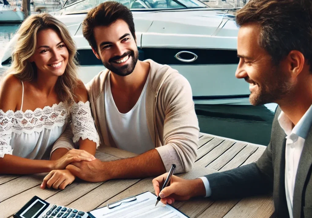 A couple sitting with a loan officer getting a loan for a boat.